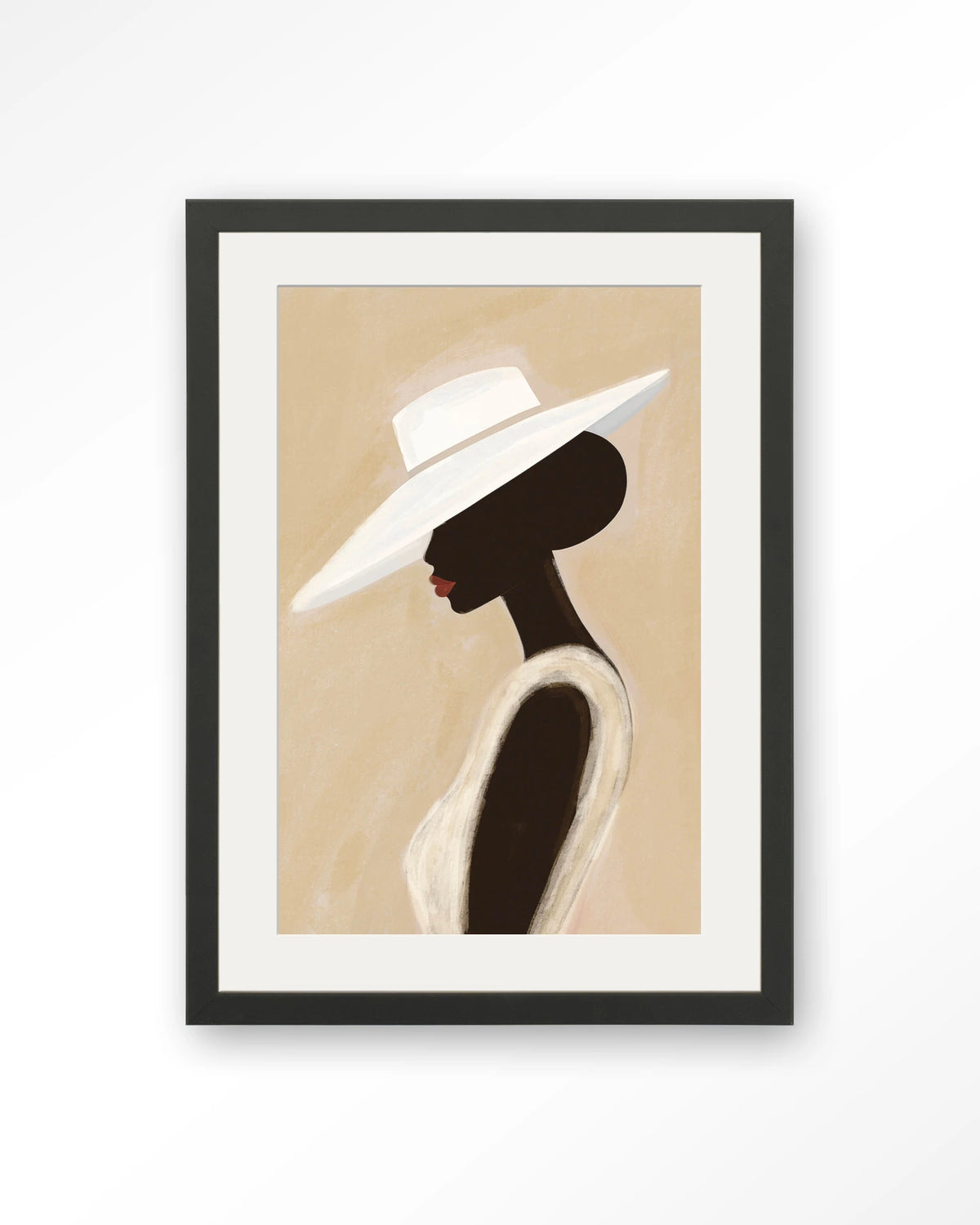 Lady – vrouw met witte hoed – Art print – Hout zwart + passe-partout