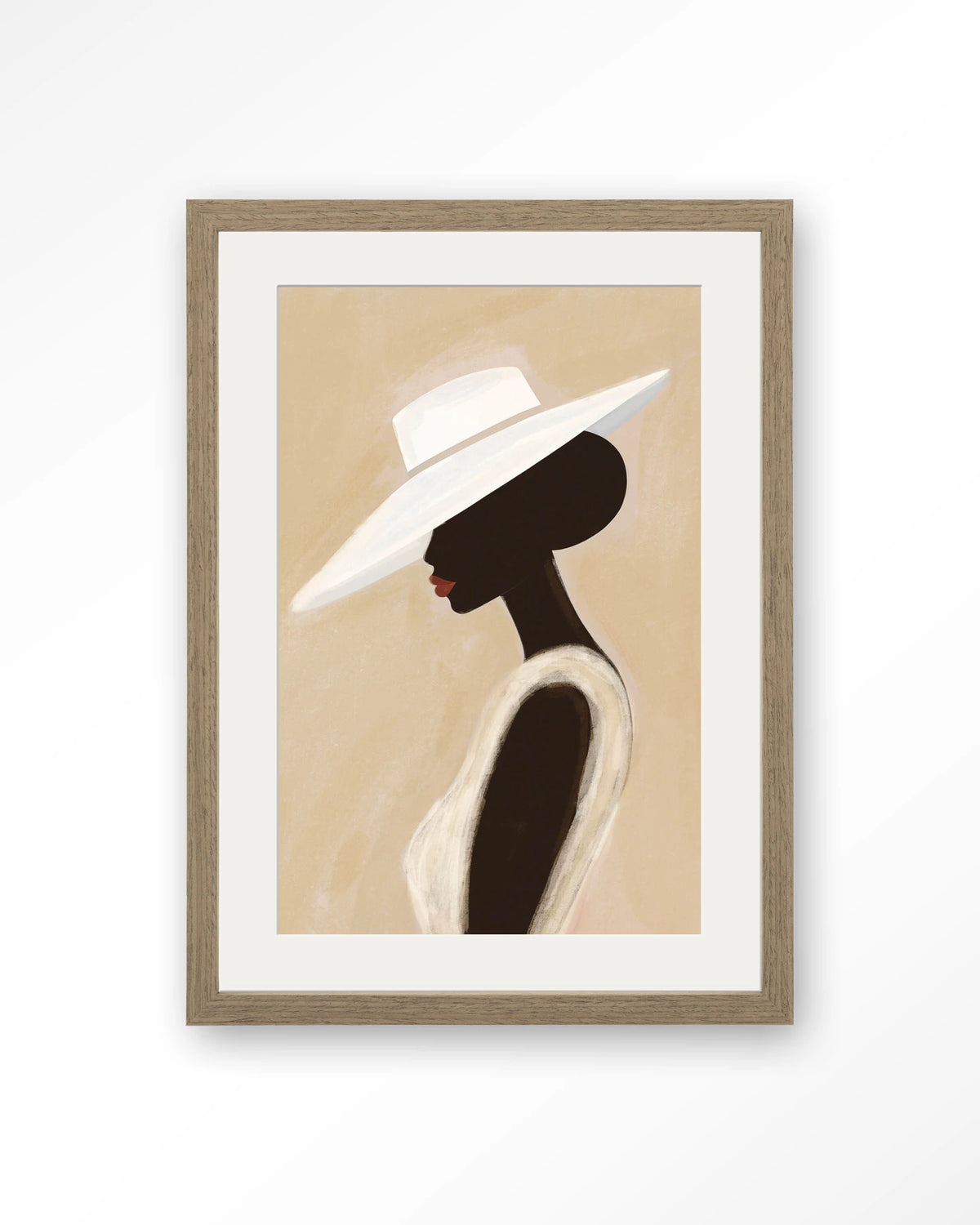Lady – vrouw met witte hoed – Art print – Hout bruin + passe-partout