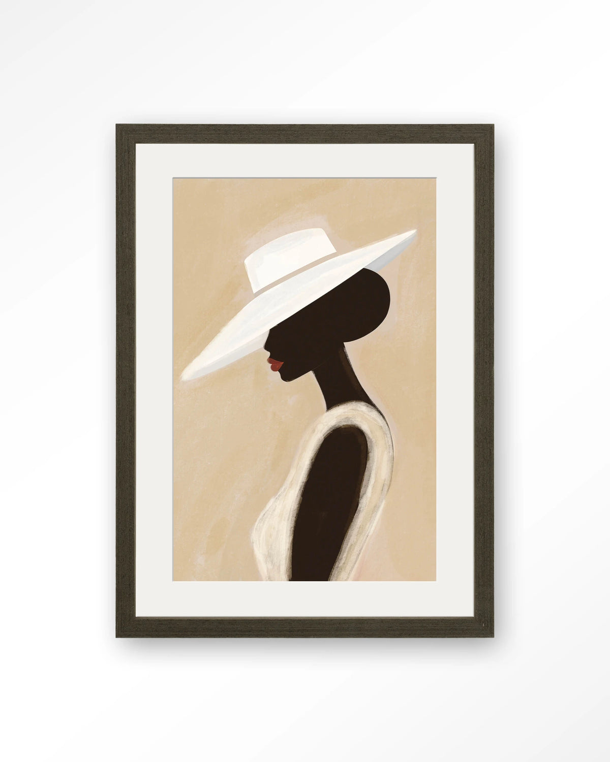 Lady – vrouw met witte hoed – Art print – Hout donkerbruin + passe-partout