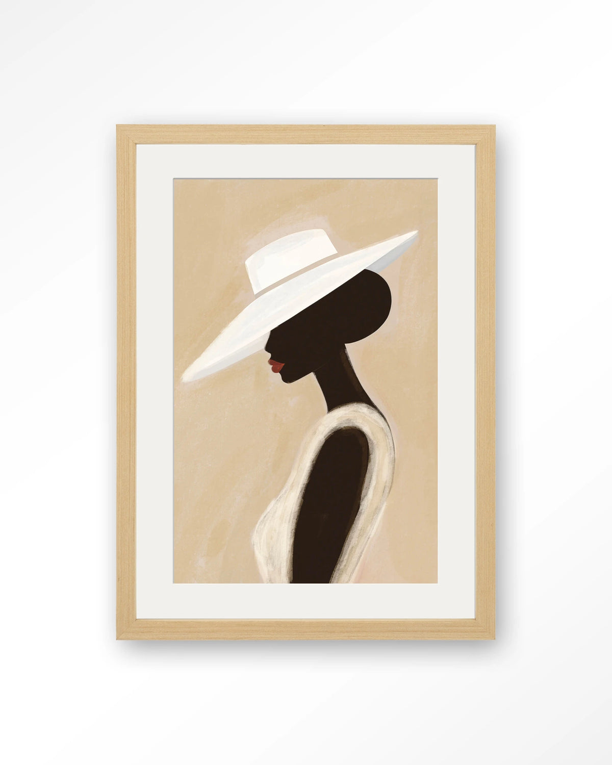 Lady – vrouw met witte hoed – Art print – Hout naturel + passe-partout