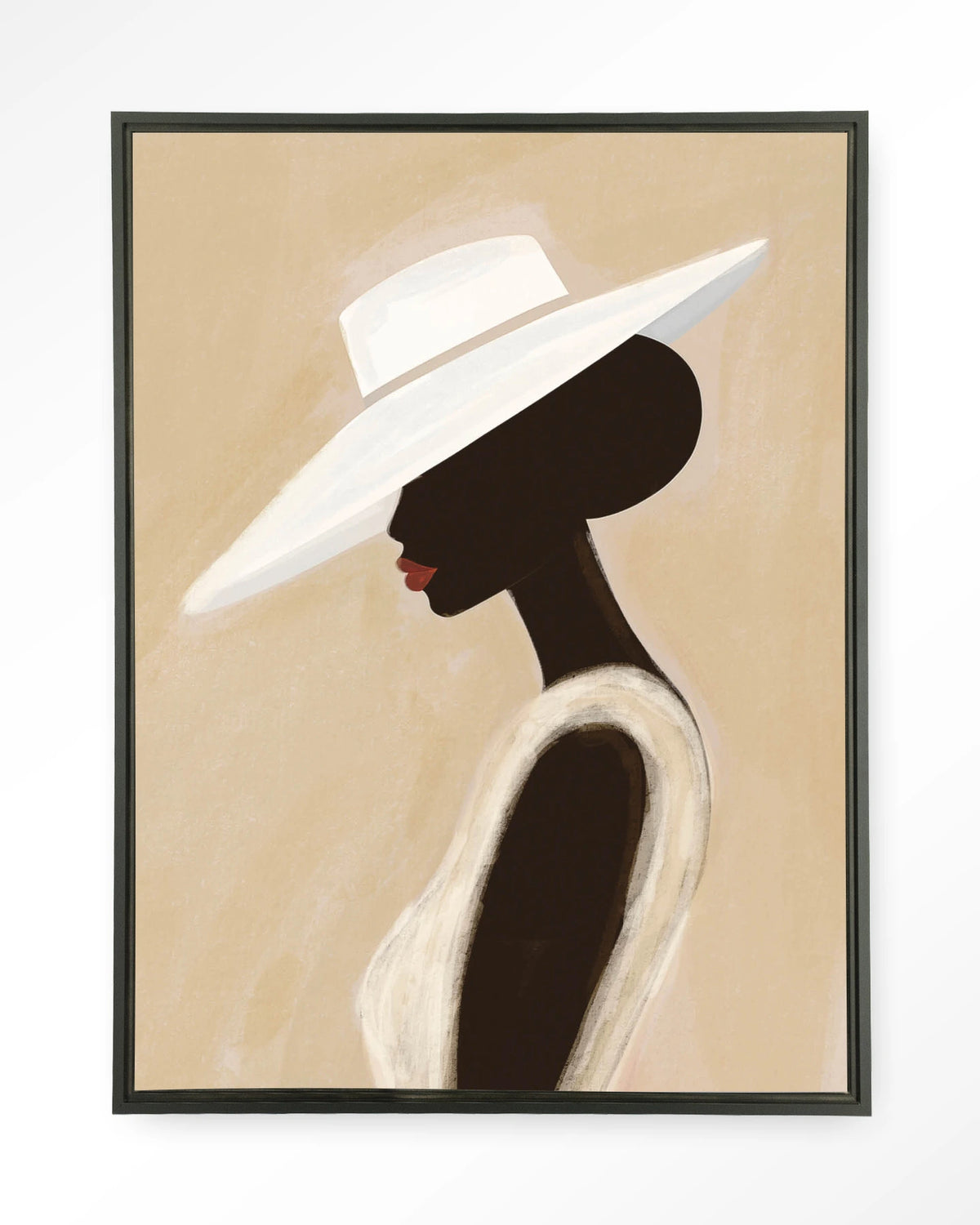 Lady – vrouw met witte hoed – Wandkleed – Floating frame – zwart