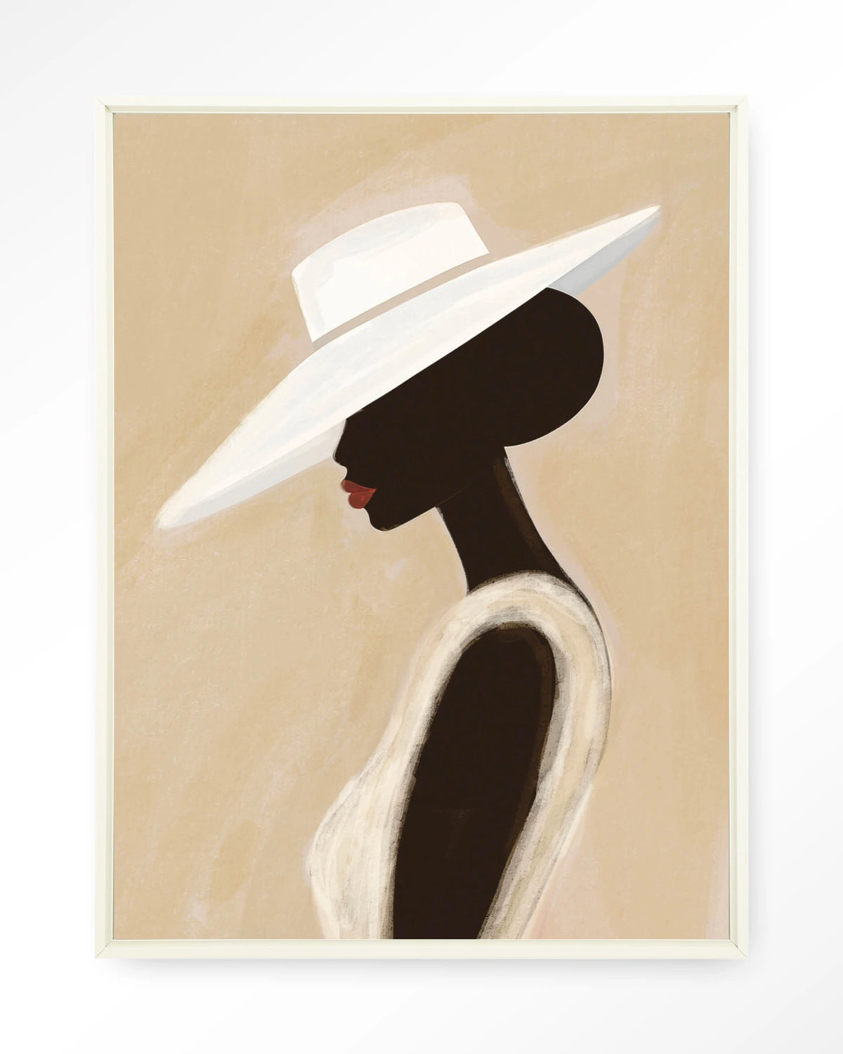 Lady – vrouw met witte hoed – Wandkleed – Floating frame – wit