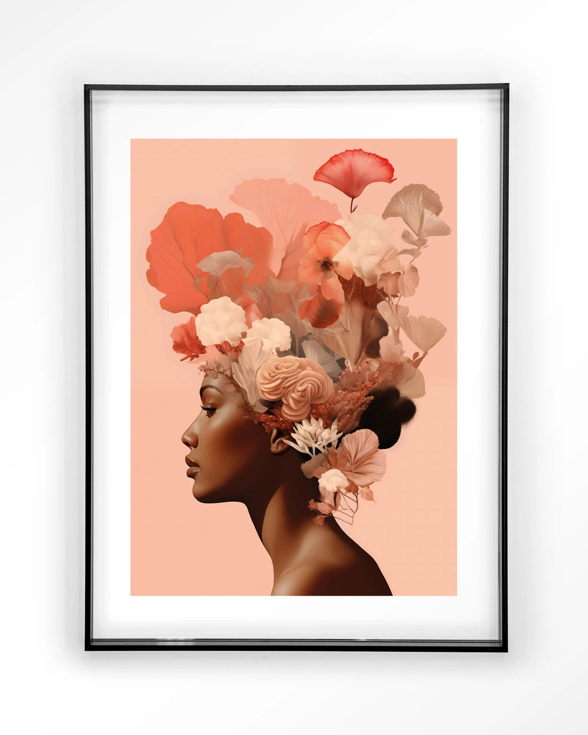 Flower Crown – vrouw met bloemen in haar – Art print – Acryl zwart