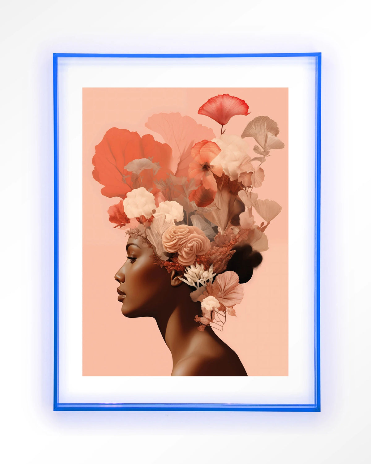 Flower Crown – vrouw met bloemen in haar – Art print – Acryl lichtblauw