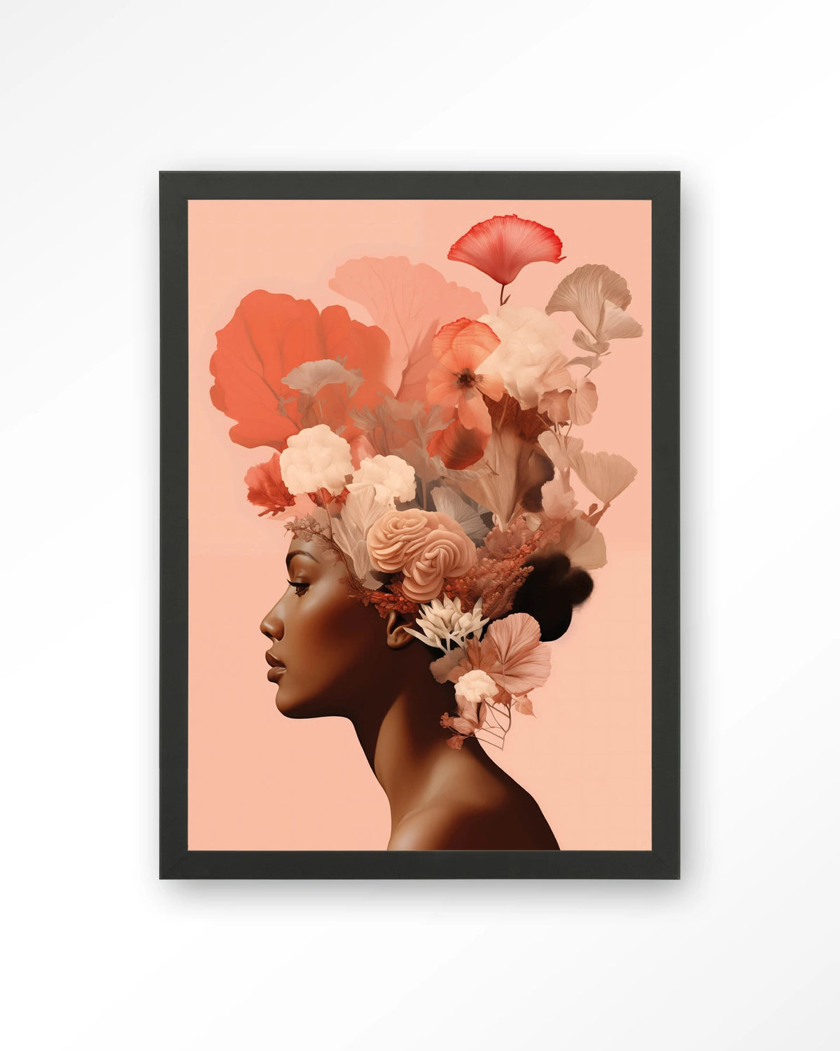 Flower Crown – vrouw met bloemen in haar – Art print – Hout zwart