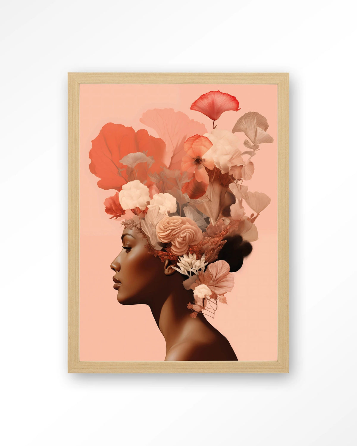 Flower Crown – vrouw met bloemen in haar – Art print – Hout naturel