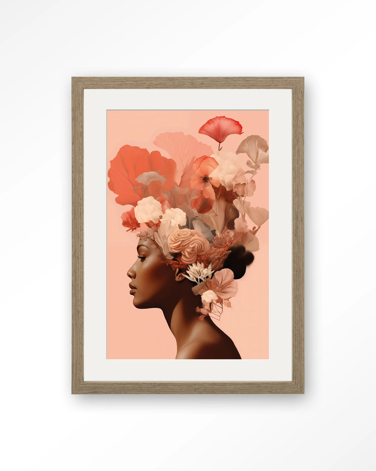 Flower Crown – vrouw met bloemen in haar – Art print – Hout bruin + passe-partout