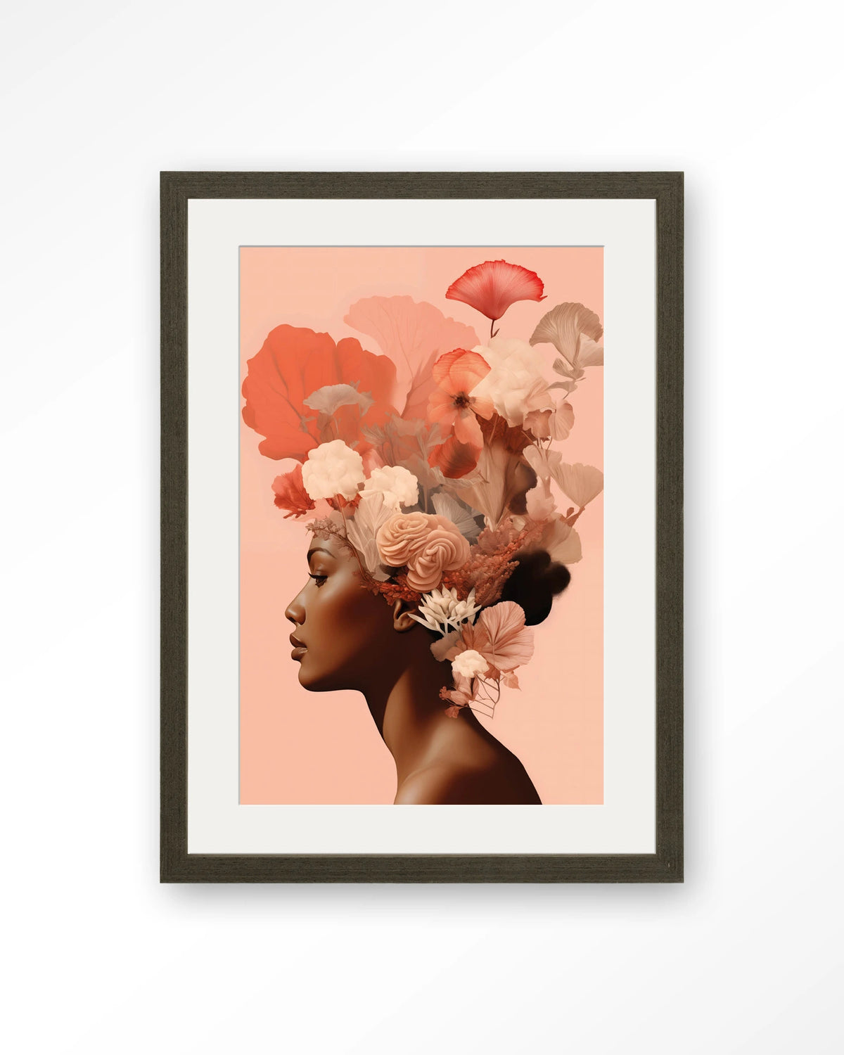 Flower Crown – vrouw met bloemen in haar – Art print – Hout donkerbruin + passe-partout