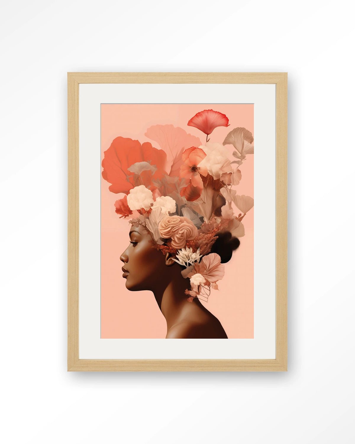 Flower Crown – vrouw met bloemen in haar – Art print – Hout naturel + passe-partout