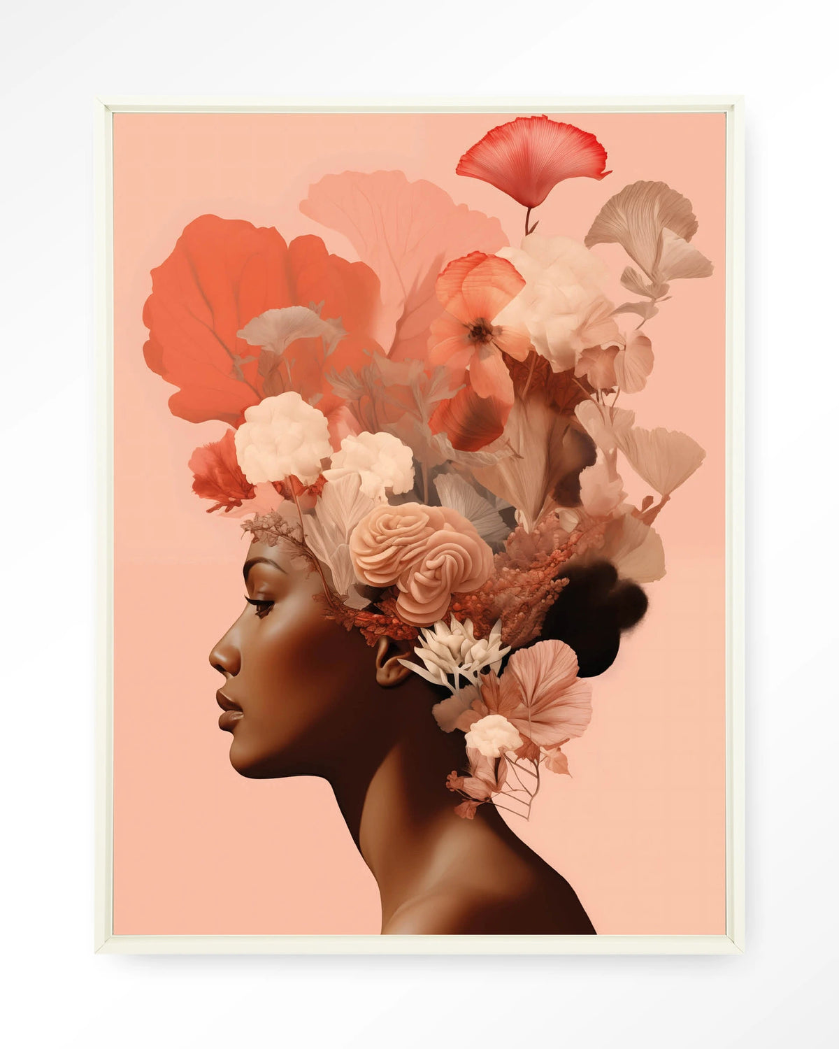Flower Crown – vrouw met bloemen in haar – Wandkleed – Floating frame – wit