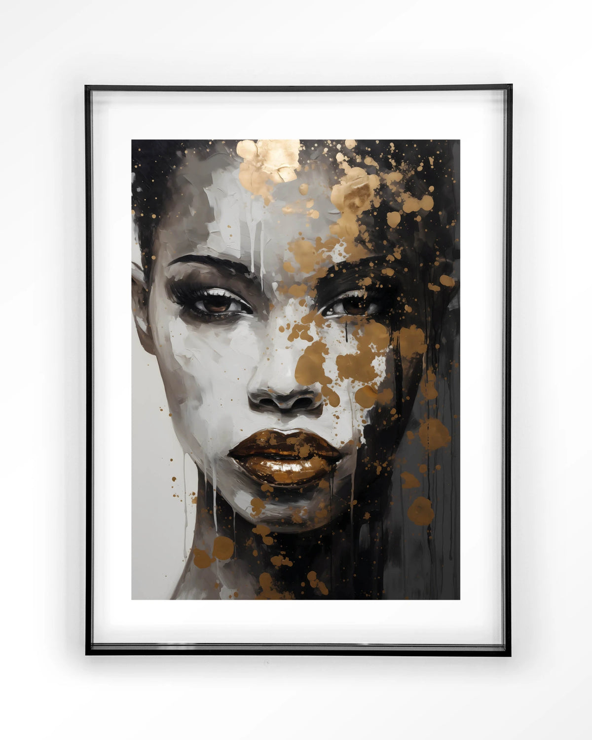 Golden Girl – gezicht van vrouw met goud en zwart – Art print – Acryl zwart