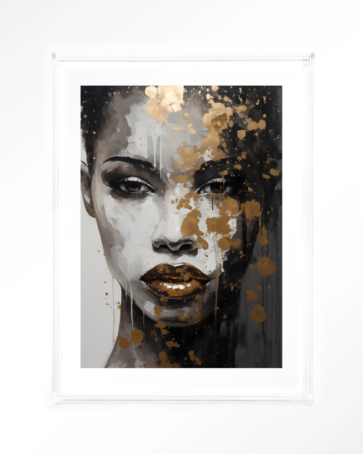 Golden Girl – gezicht van vrouw met goud en zwart – Art print – Acryl doorzichtig