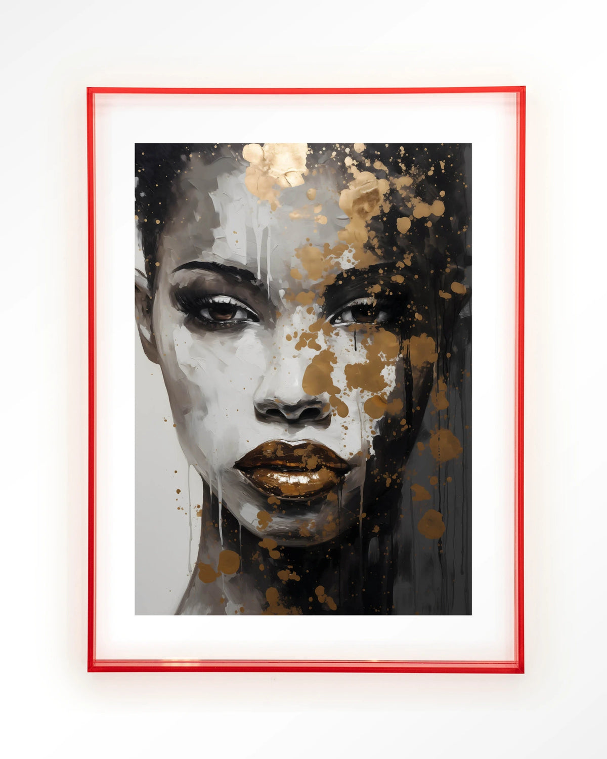 Golden Girl – gezicht van vrouw met goud en zwart – Art print – Acryl roze
