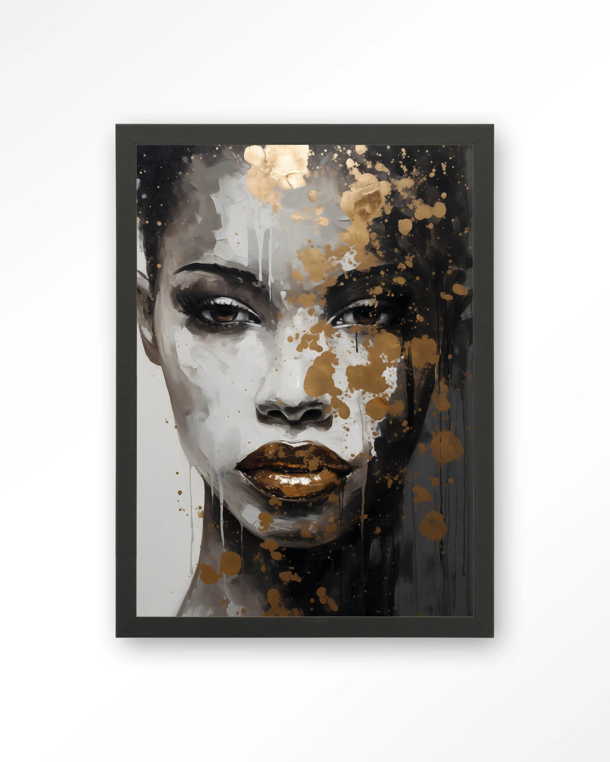 Golden Girl – gezicht van vrouw met goud en zwart – Art print – Hout zwart