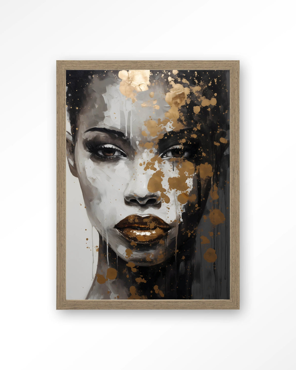 Golden Girl – gezicht van vrouw met goud en zwart – Art print – Hout bruin