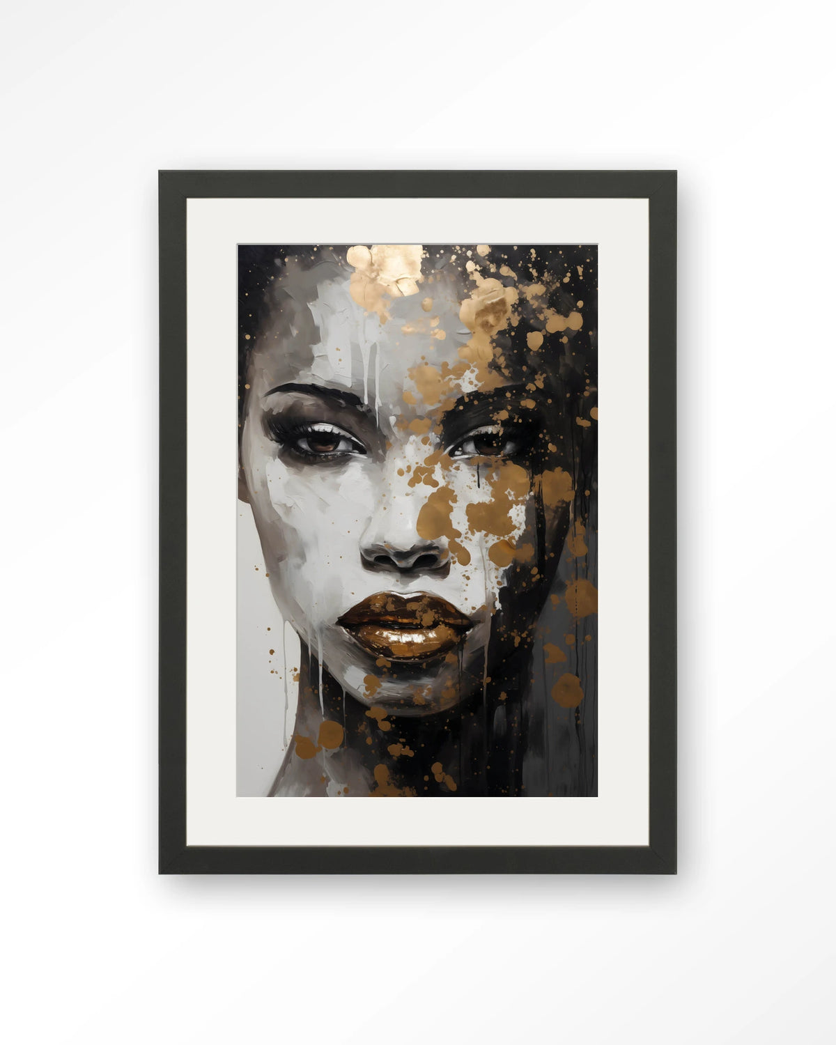 Golden Girl – gezicht van vrouw met goud en zwart – Art print – Hout zwart + passe-partout