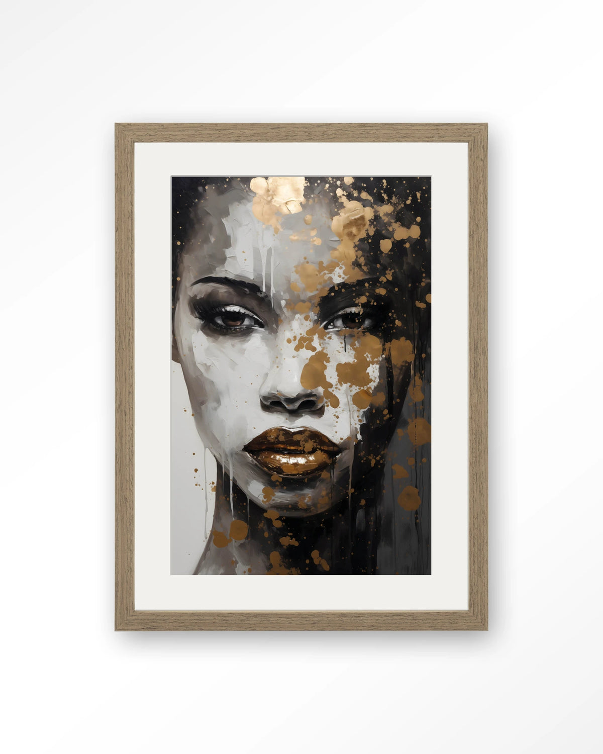 Golden Girl – gezicht van vrouw met goud en zwart – Art print – Hout bruin + passe-partout