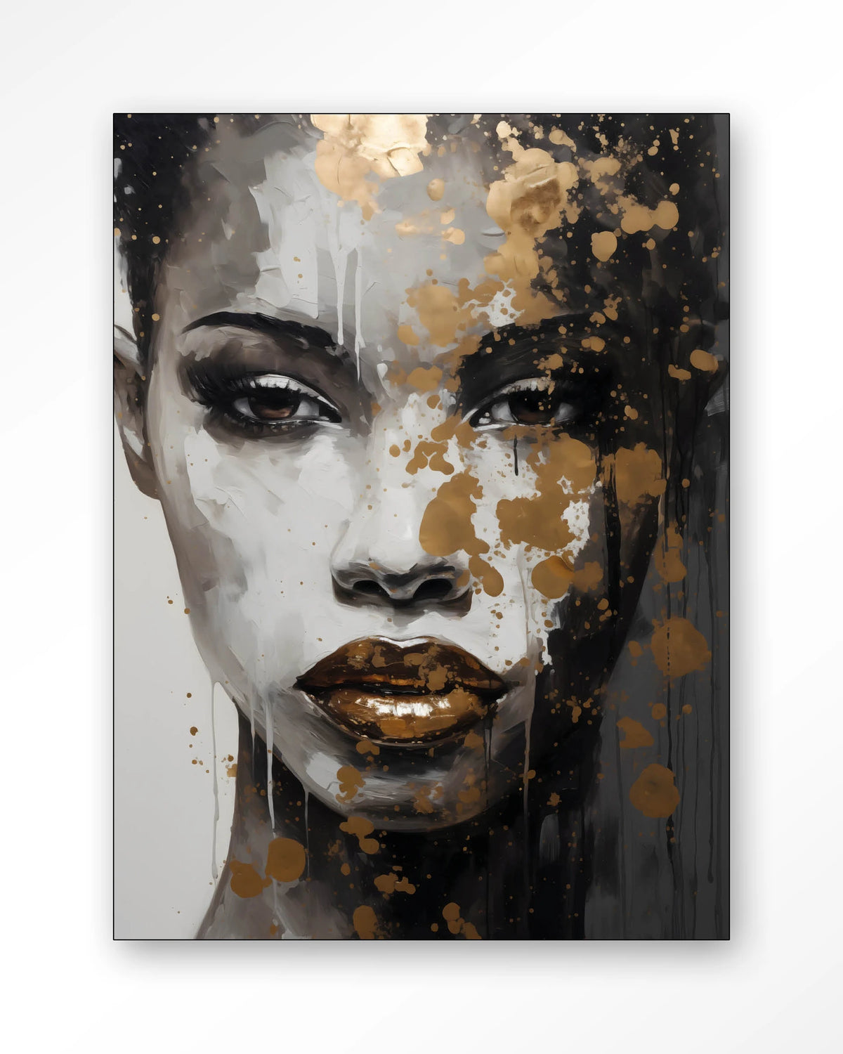 Golden Girl – gezicht van vrouw met goud en zwart – Wandkleed – Frame – zwart