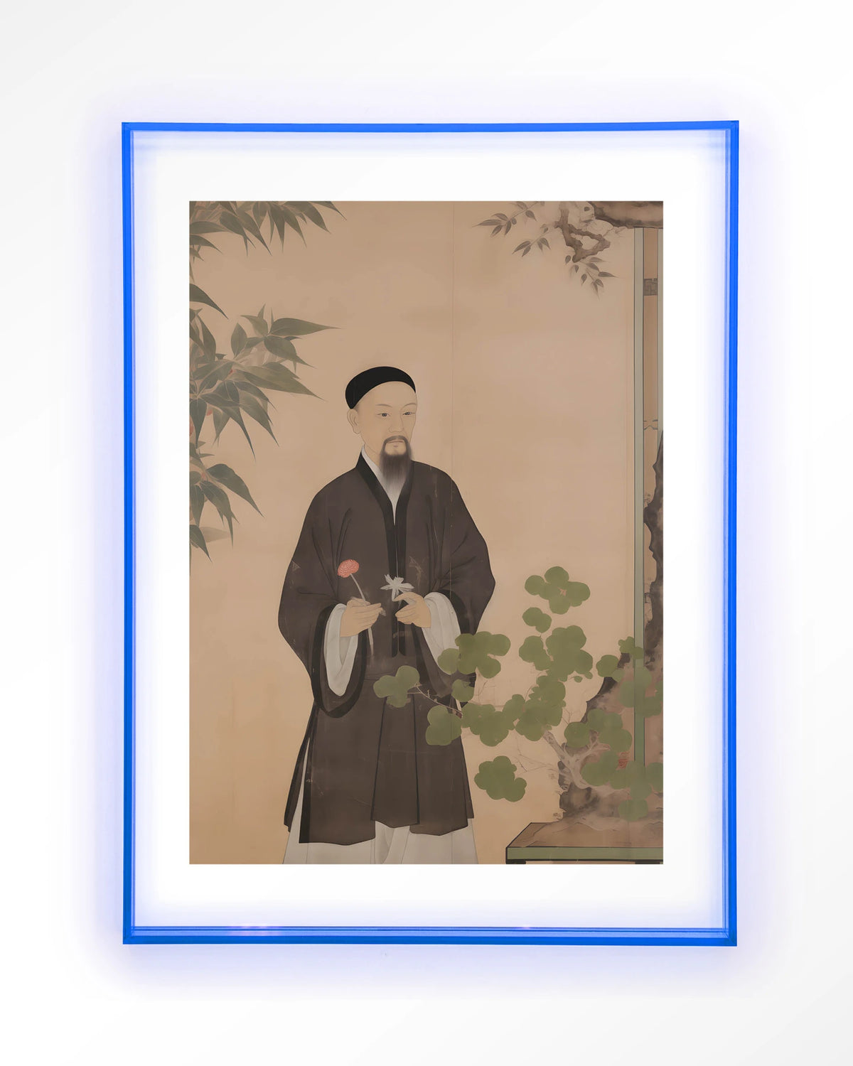 Sakura – Chinees portret man met bloem – Art print – Acryl lichtblauw