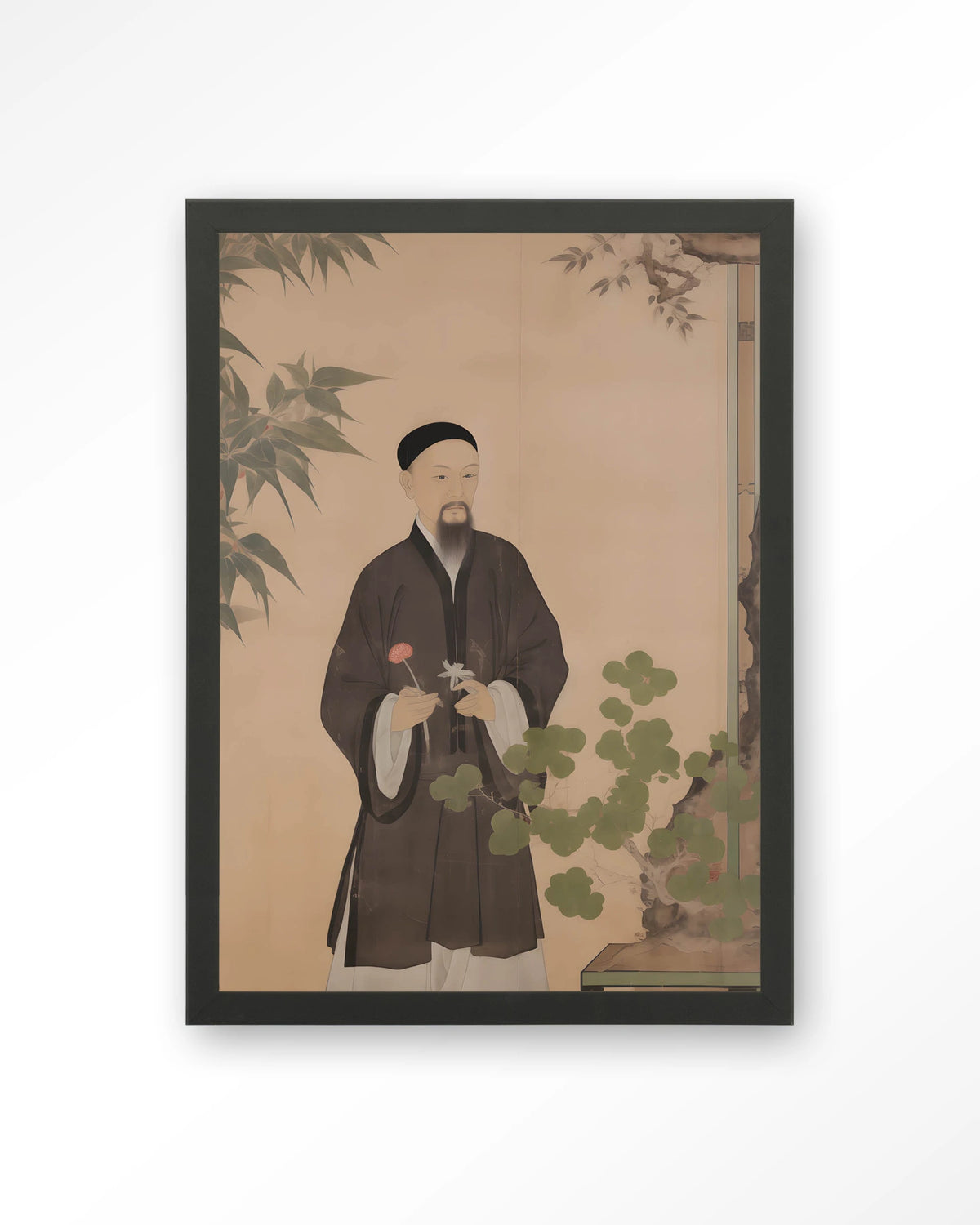 Sakura – Chinees portret man met bloem – Art print – Hout zwart