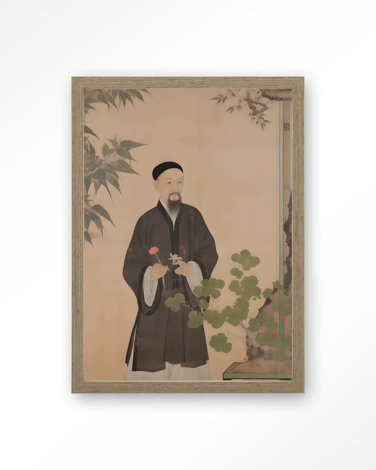 Sakura – Chinees portret man met bloem – Art print – Hout bruin