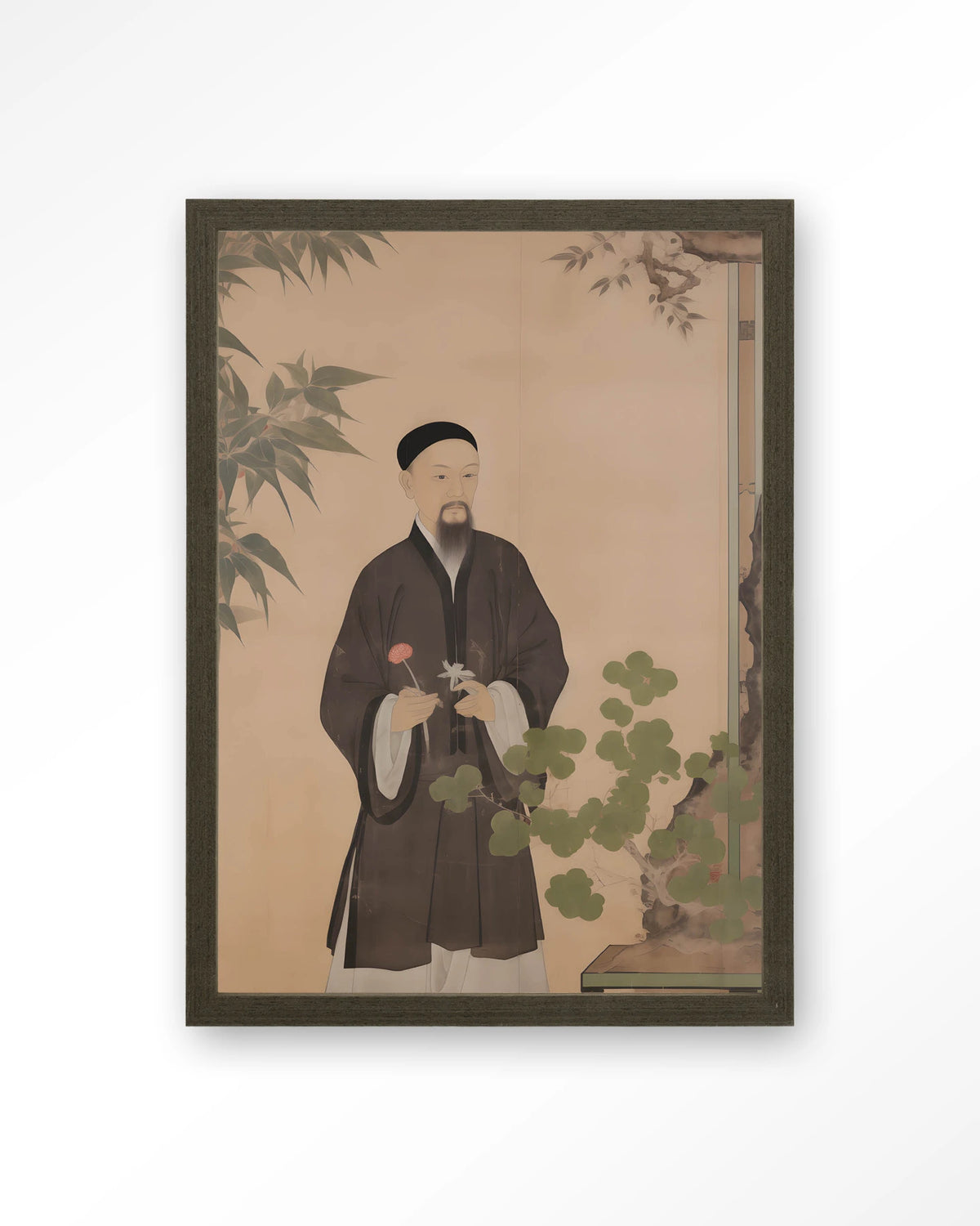 Sakura – Chinees portret man met bloem – Art print – Hout donkerbruin