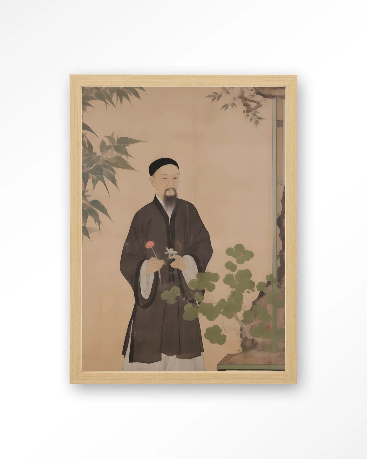 Sakura – Chinees portret man met bloem – Art print – Hout naturel