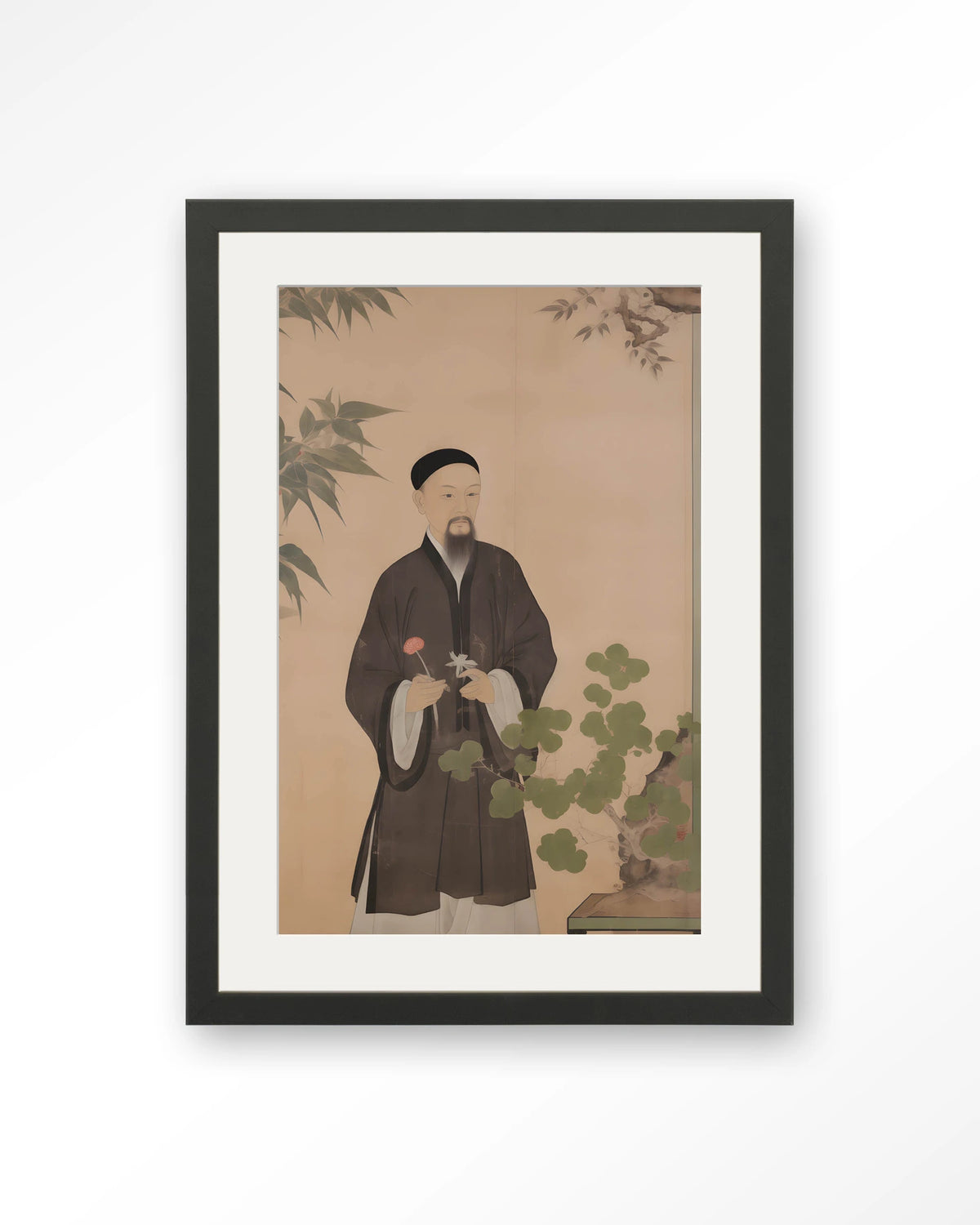 Sakura – Chinees portret man met bloem – Art print – Hout zwart + passe-partout