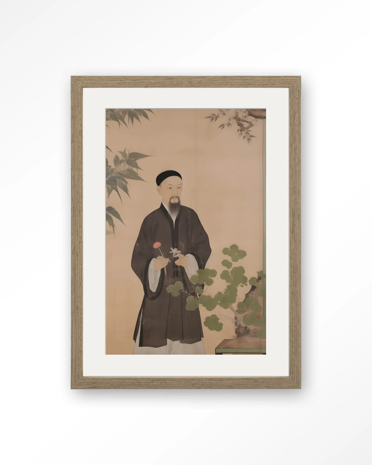 Sakura – Chinees portret man met bloem – Art print – Hout bruin + passe-partout