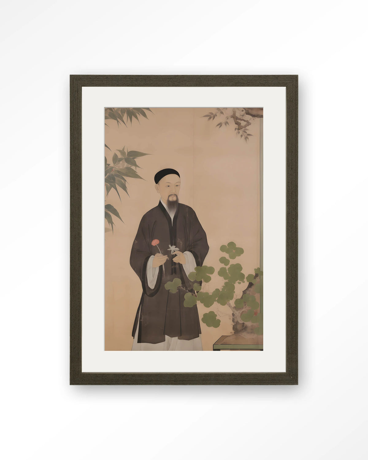 Sakura – Chinees portret man met bloem – Art print – Hout donkerbruin + passe-partout