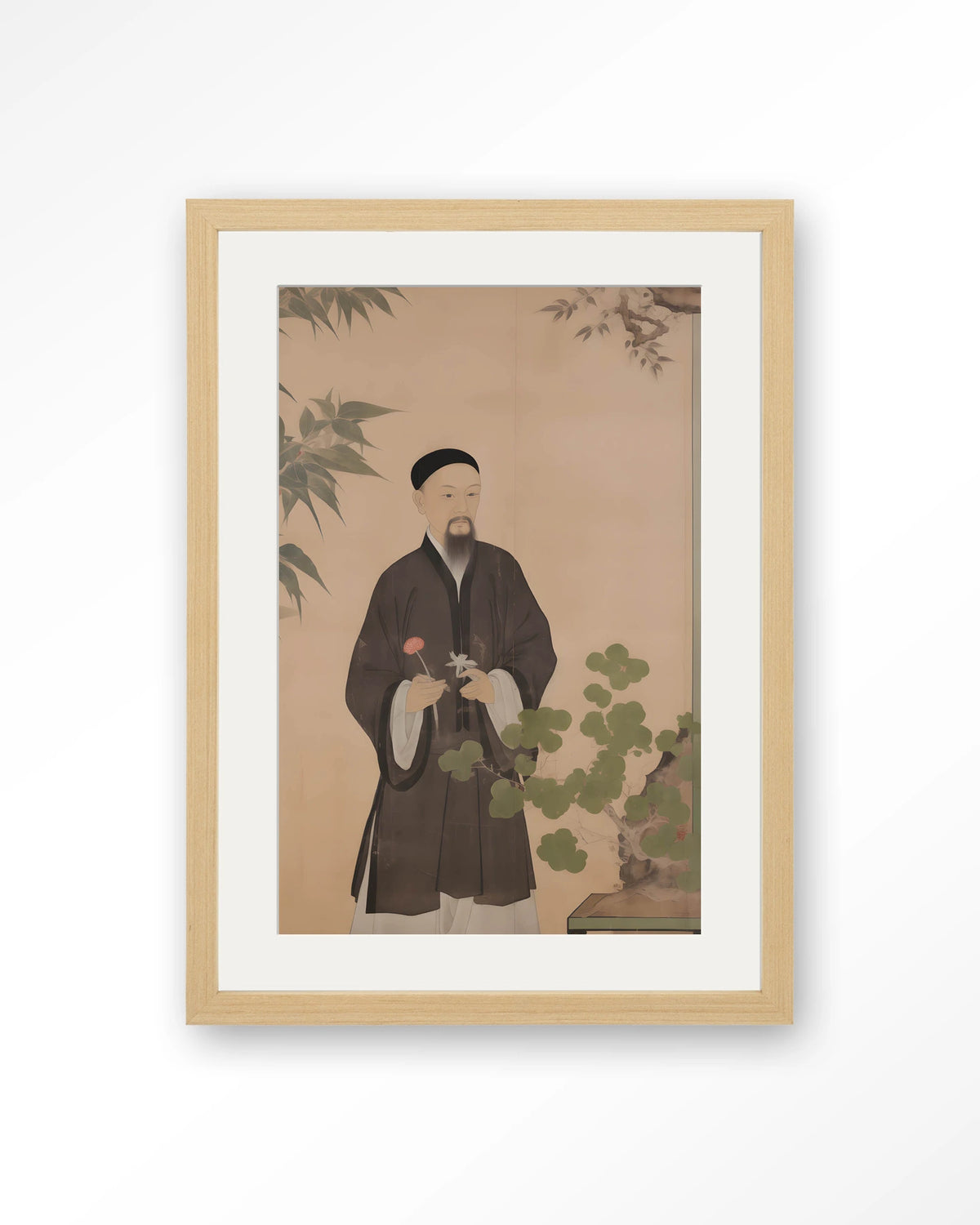 Sakura – Chinees portret man met bloem – Art print – Hout naturel + passe-partout
