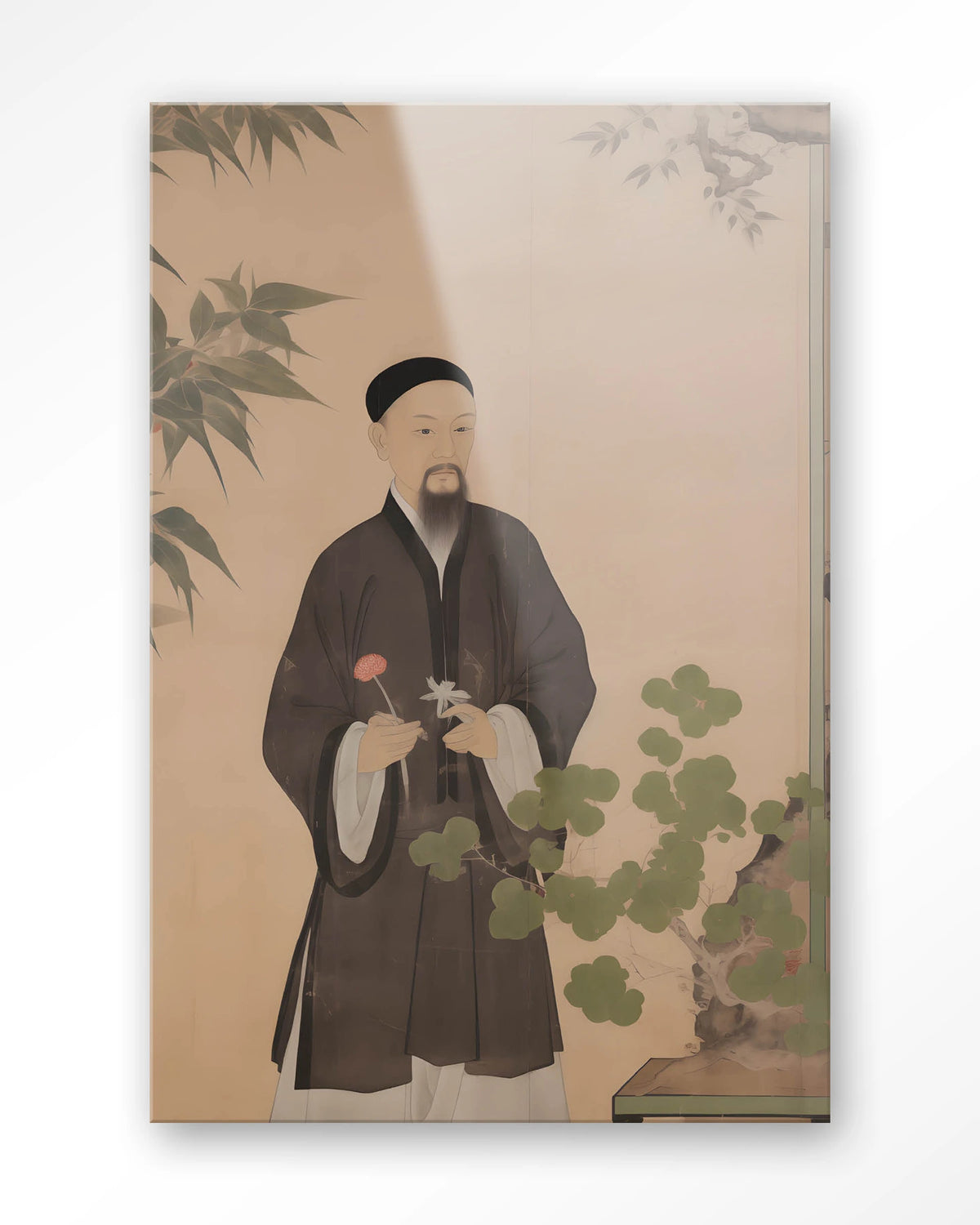 Sakura – Chinees portret man met bloem – Glas – Blinde montage