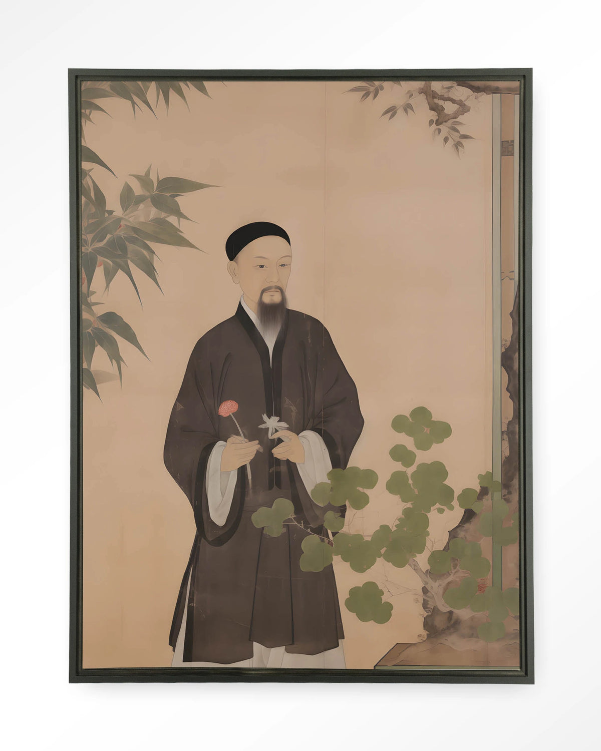 Sakura – Chinees portret man met bloem – Wandkleed – Floating frame – zwart