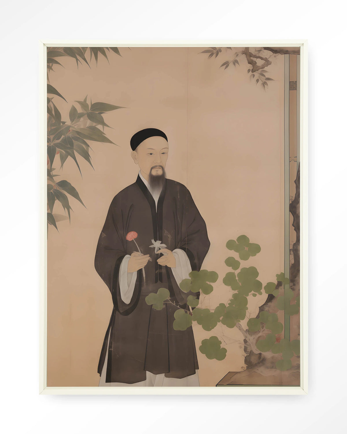 Sakura – Chinees portret man met bloem – Wandkleed – Floating frame – wit