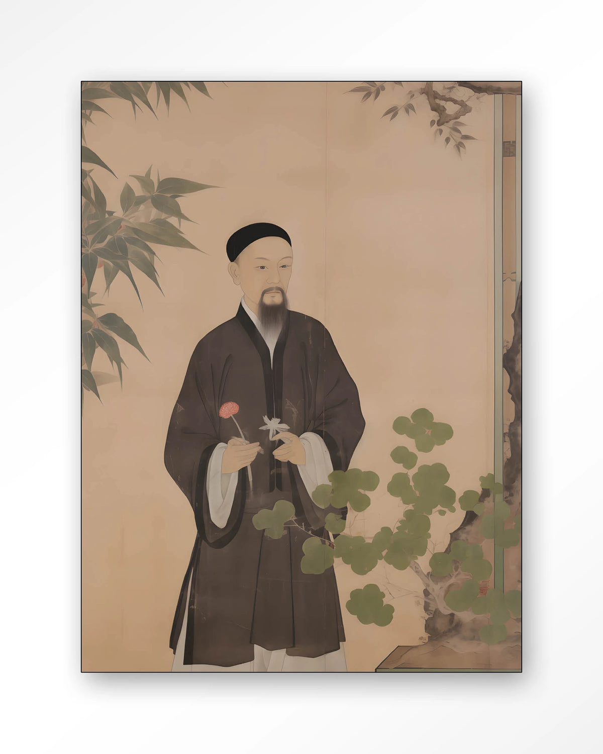 Sakura – Chinees portret man met bloem – Wandkleed – Frame – zwart