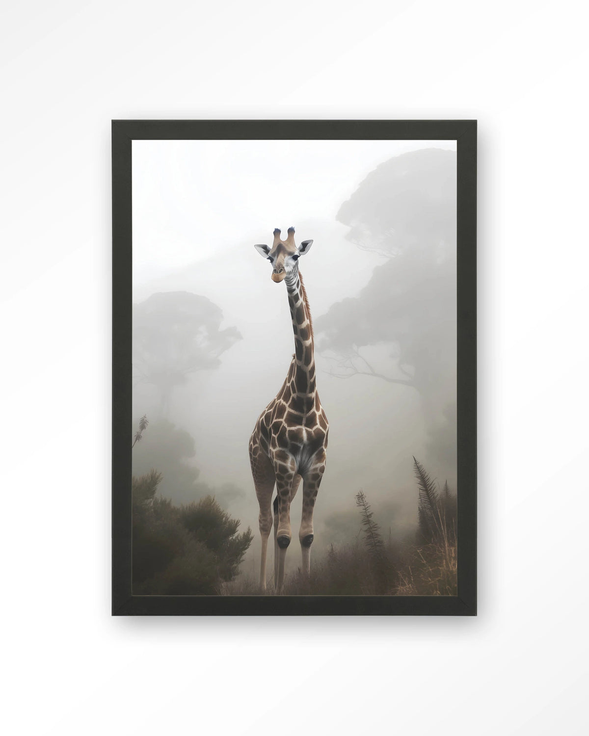 Giraffe Mist – giraf in de mist – Art print – Hout zwart