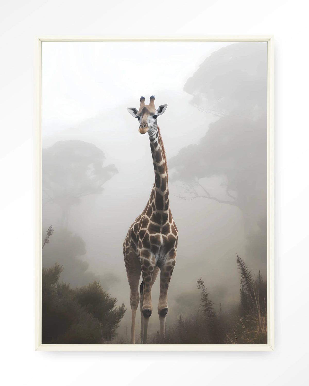 Giraffe Mist – giraf in de mist – Wandkleed – Floating frame – wit