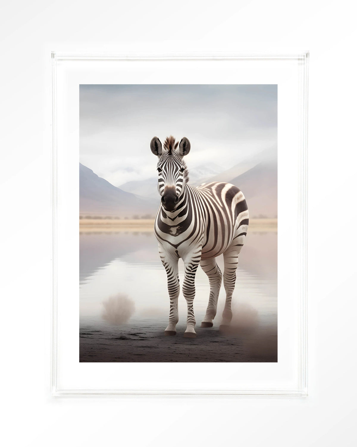 Zebra Mist – zebra in mistig landschap – Art print – Acryl doorzichtig