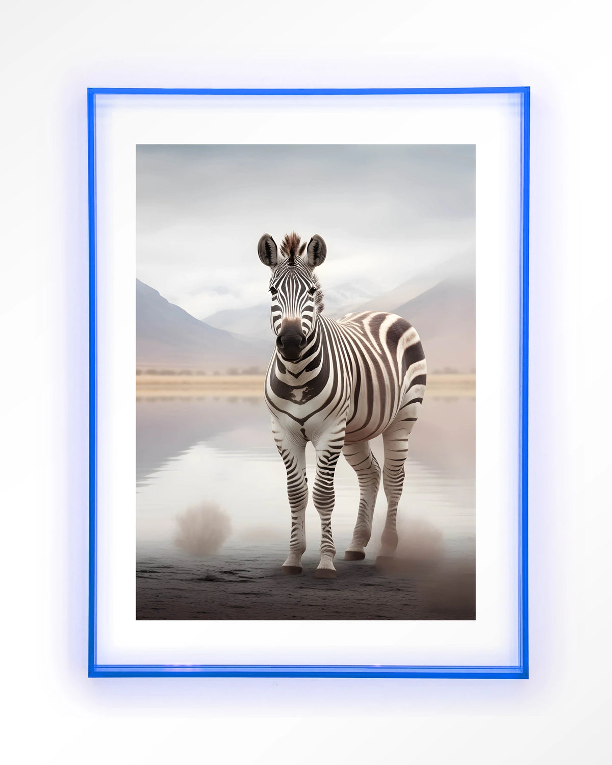 Zebra Mist – zebra in mistig landschap – Art print – Acryl lichtblauw