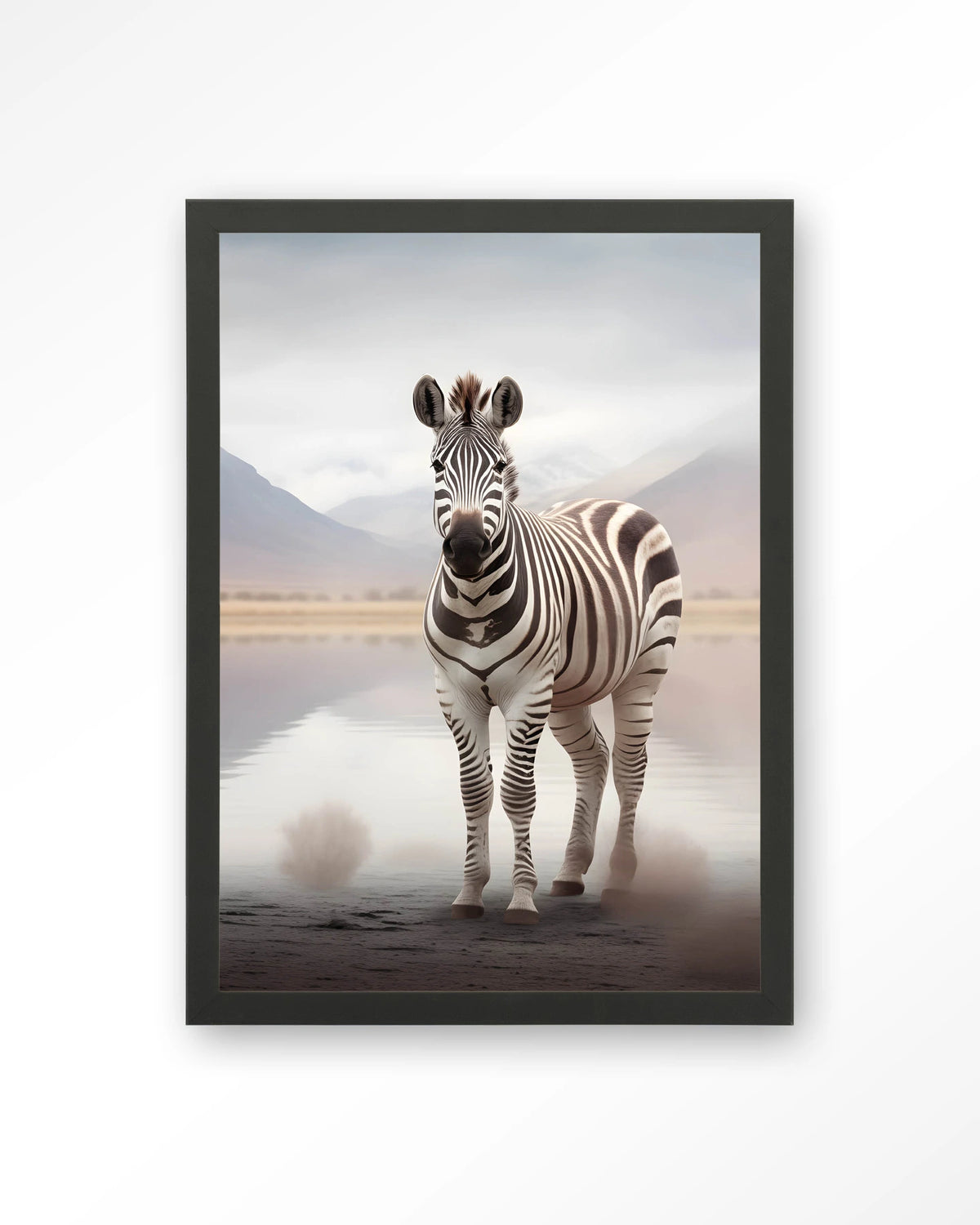 Zebra Mist – zebra in mistig landschap – Art print – Hout zwart