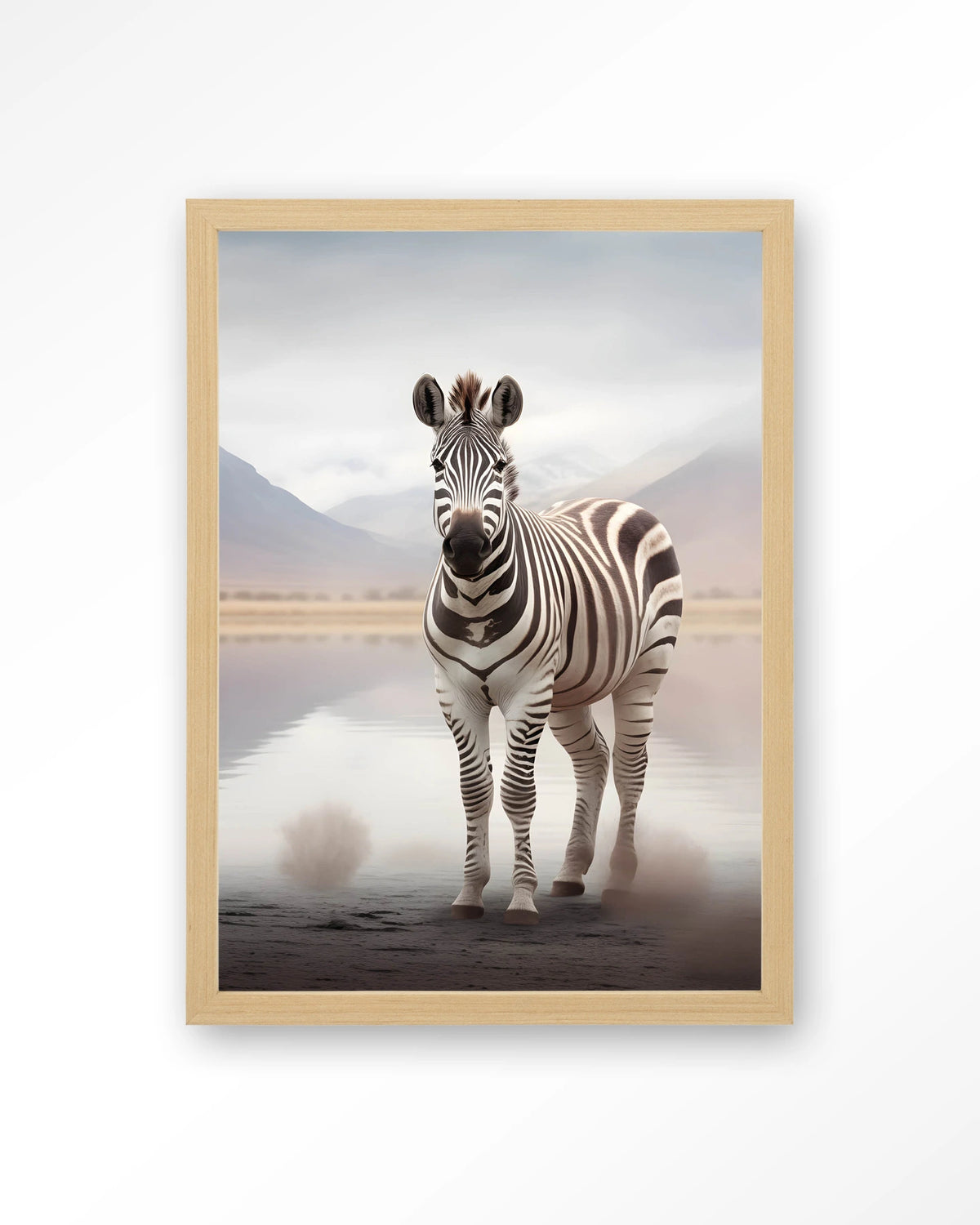 Zebra Mist – zebra in mistig landschap – Art print – Hout naturel