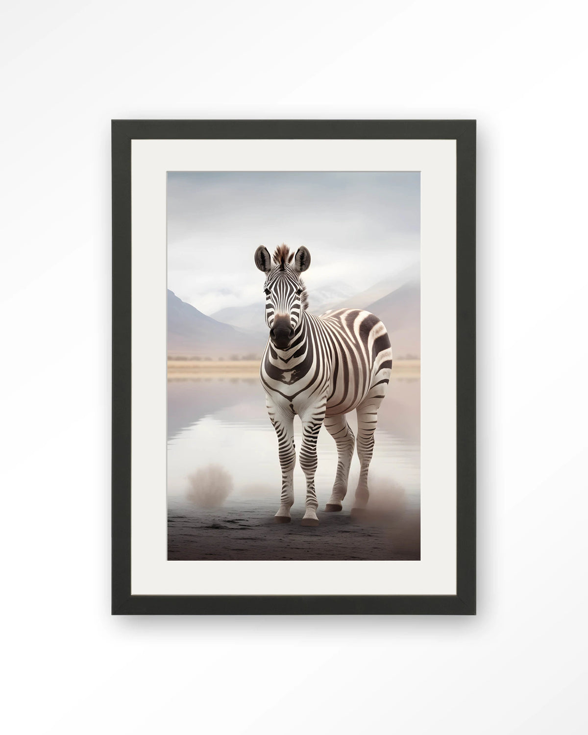 Zebra Mist – zebra in mistig landschap – Art print – Hout zwart + passe-partout