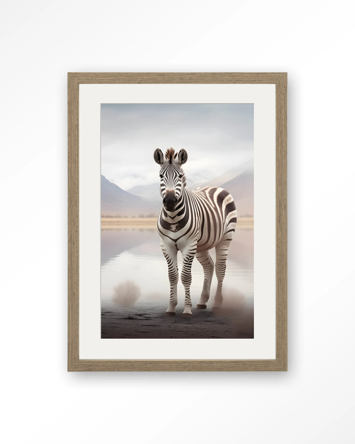 Zebra Mist – zebra in mistig landschap – Art print – Hout bruin + passe-partout