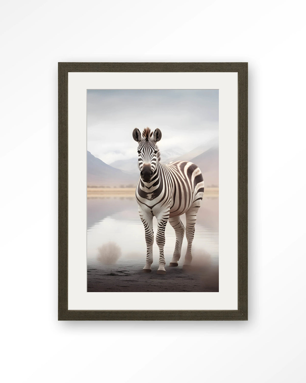 Zebra Mist – zebra in mistig landschap – Art print – Hout donkerbruin + passe-partout