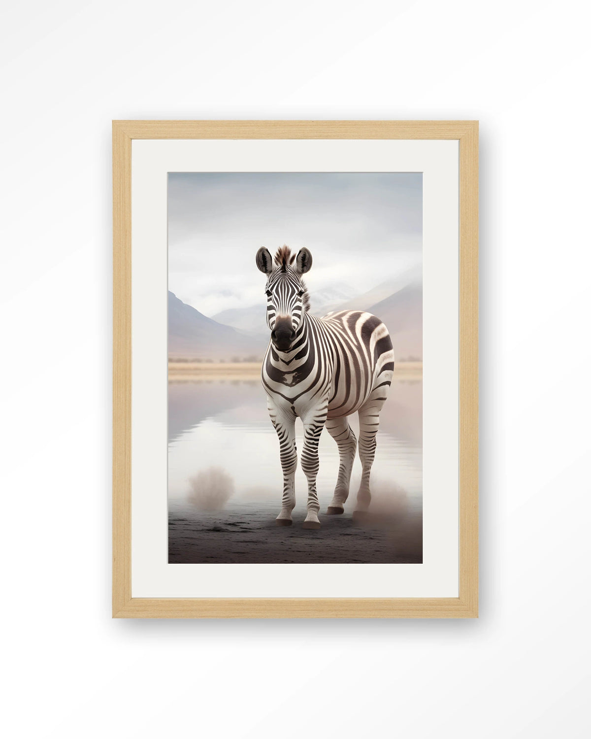 Zebra Mist – zebra in mistig landschap – Art print – Hout naturel + passe-partout