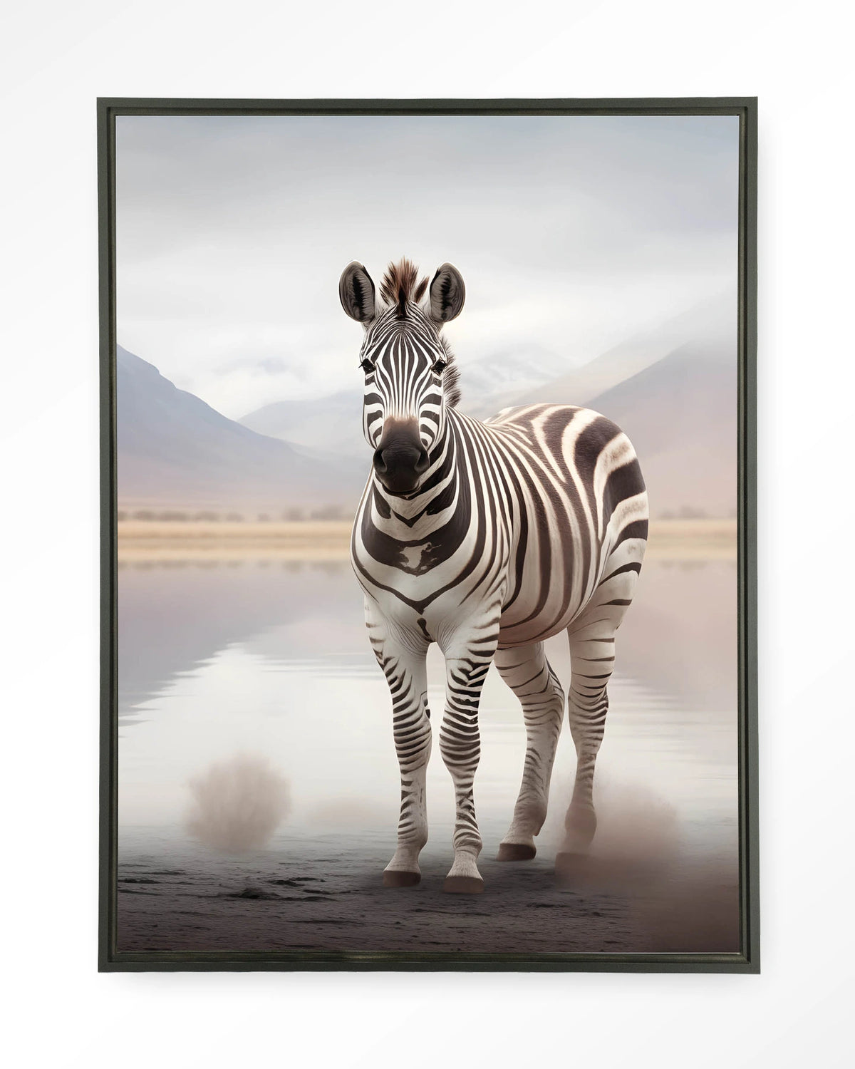 Zebra Mist – zebra in mistig landschap – Wandkleed – Floating frame – zwart