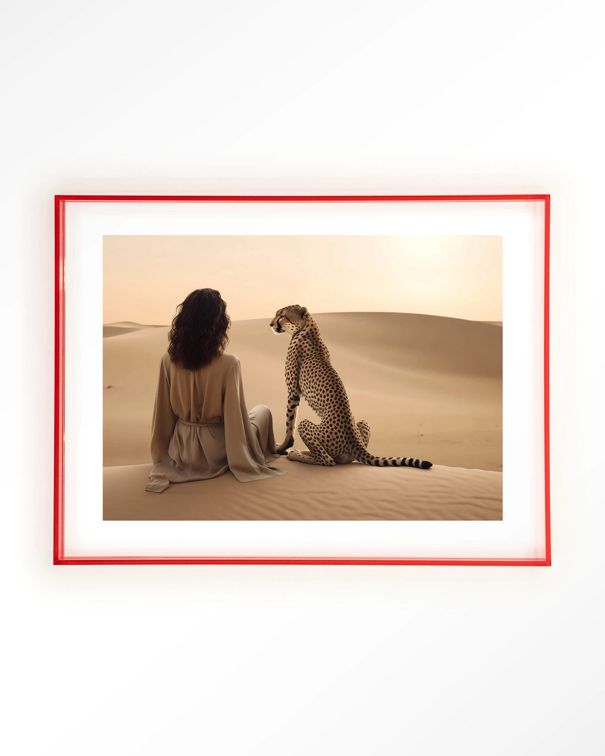 Desert Gazing – vrouw met cheetah in woestijn – Art print – Acryl roze
