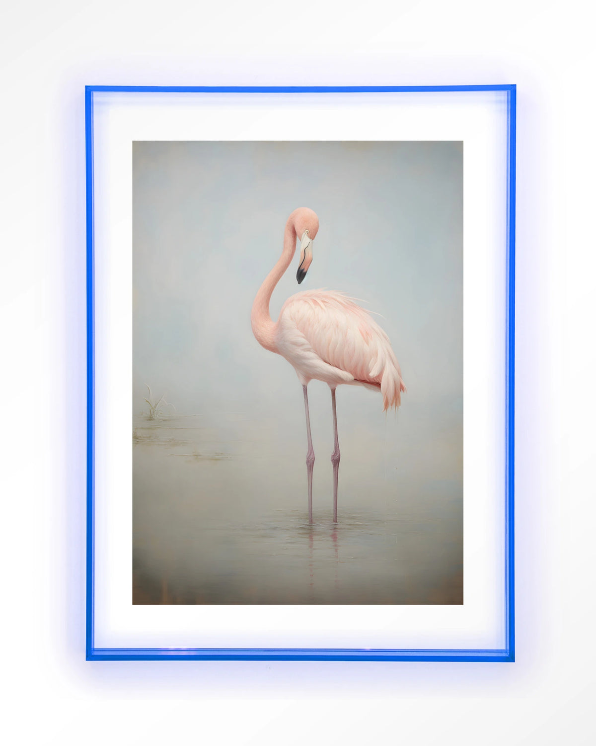 Flamingo Vintage – flamingo in mist – Art print – Acryl lichtblauw