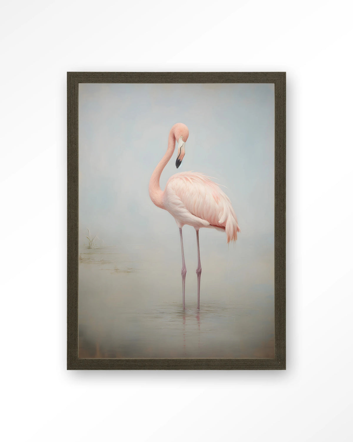 Flamingo Vintage – flamingo in mist – Art print – Hout donkerbruin