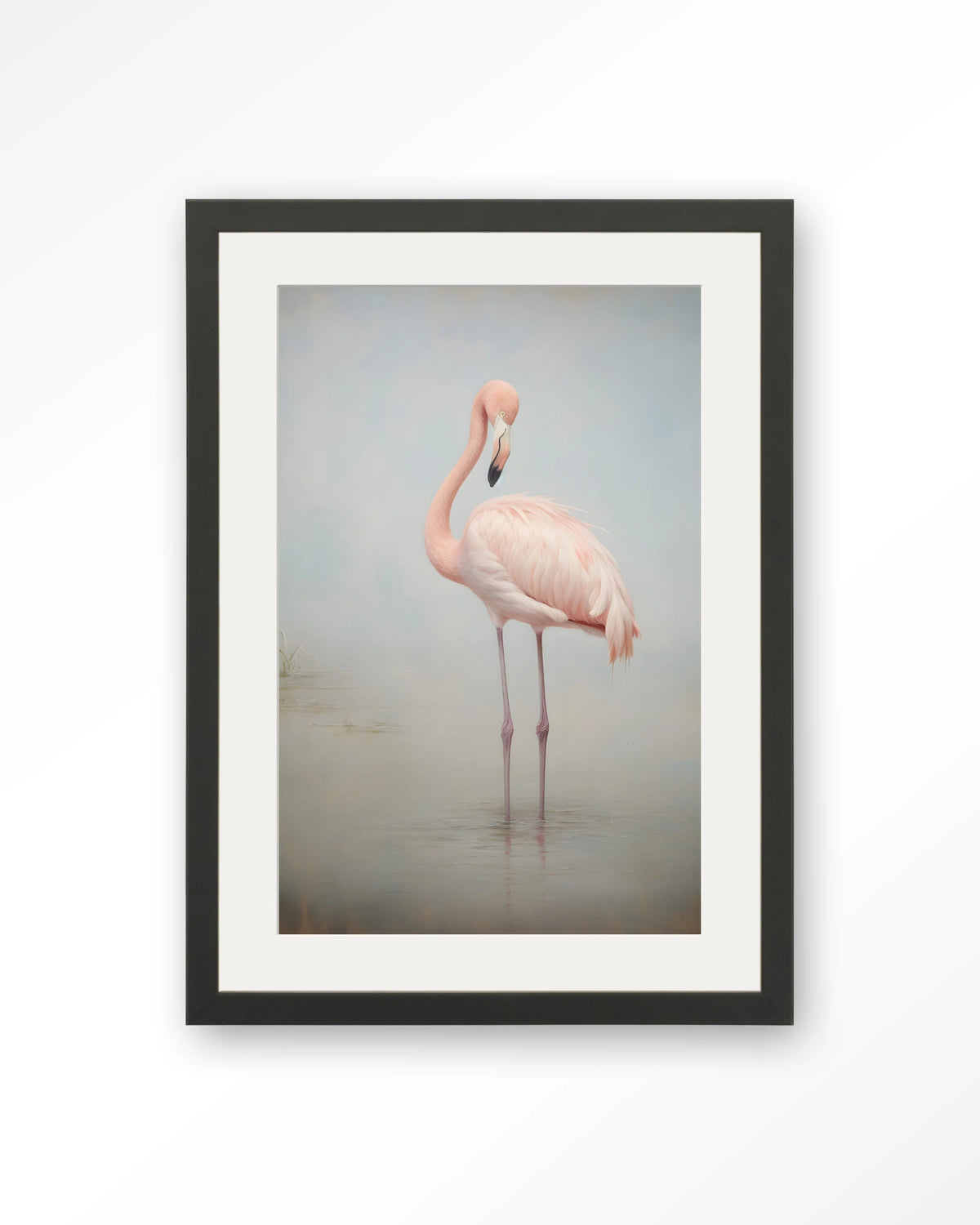 Flamingo Vintage – flamingo in mist – Art print – Hout zwart + passe-partout